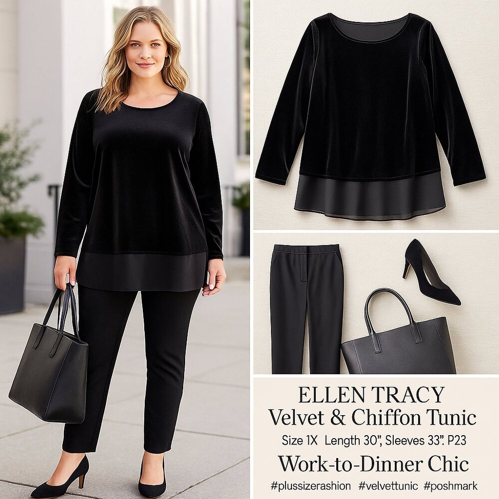 Ellen Tracy Black Velvet Tunic Top | Sheer Chiffon Hem | Size 1X